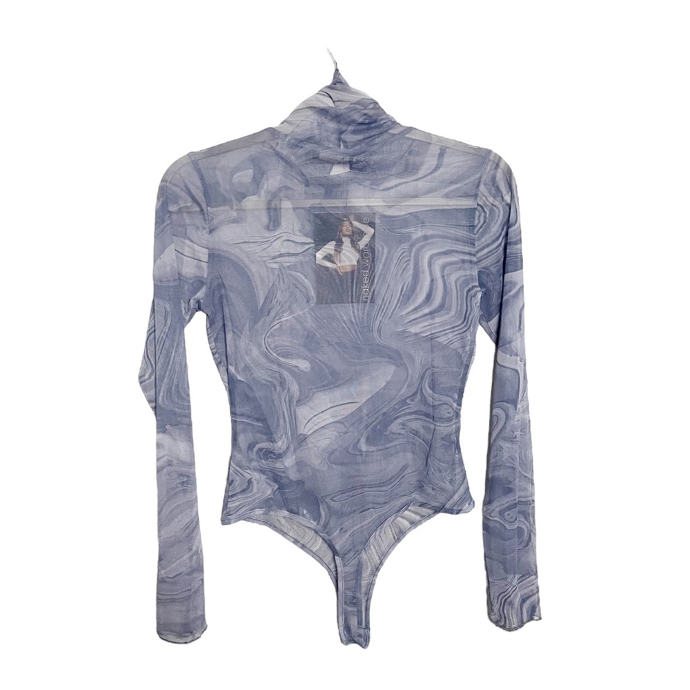 Naked Wardrobe Bodysuit Turtleneck Mesh Long Sleeve Denim Marble Size Small - Picture 2 of 3